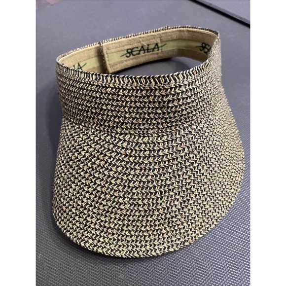Scala Visor Wide Brim Straw‎ Hat OSFM Adjust Back Woven Paper Blend Tan Handmade - Picture 1 of 6